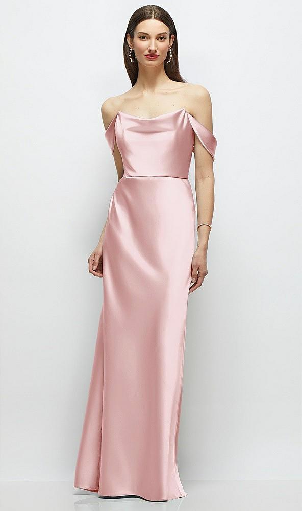 basque-neck a-line stretch satin maxi dress with off-the-shoulder drape