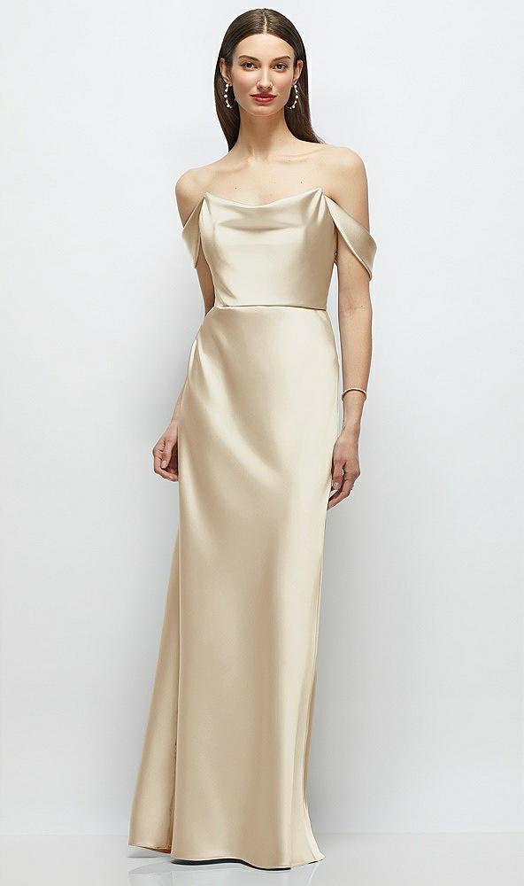 basque-neck a-line stretch satin maxi dress with off-the-shoulder drape