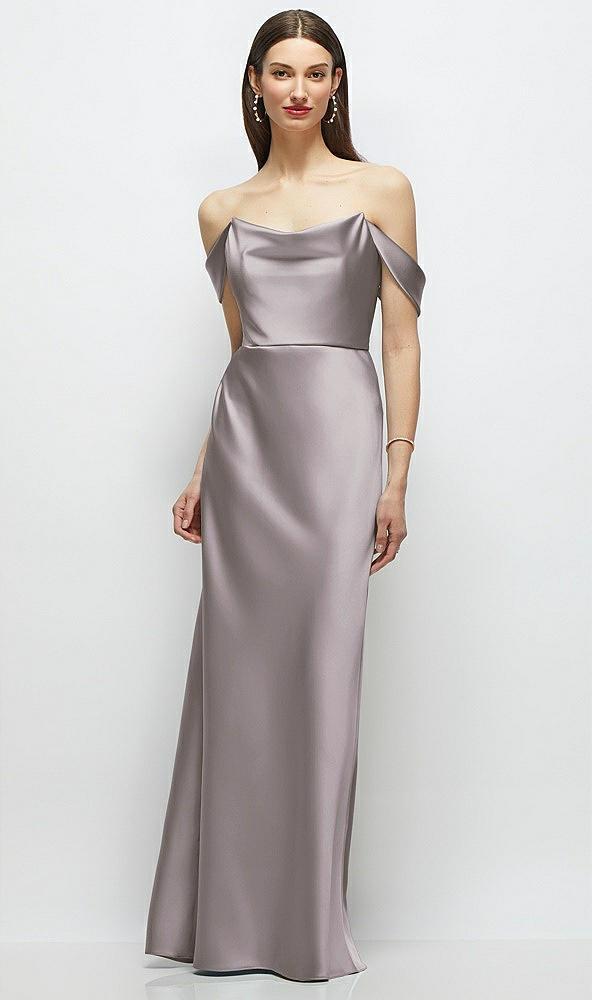 basque-neck a-line stretch satin maxi dress with off-the-shoulder drape