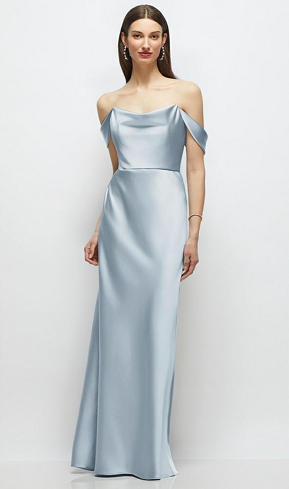 basque-neck a-line stretch satin maxi dress with off-the-shoulder drape