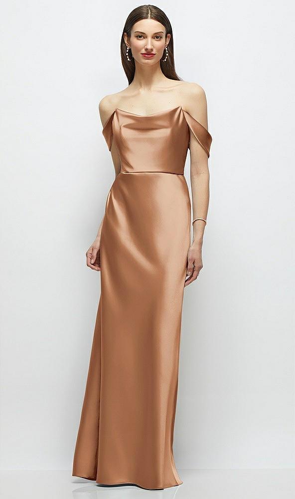 basque-neck a-line stretch satin maxi dress with off-the-shoulder drape