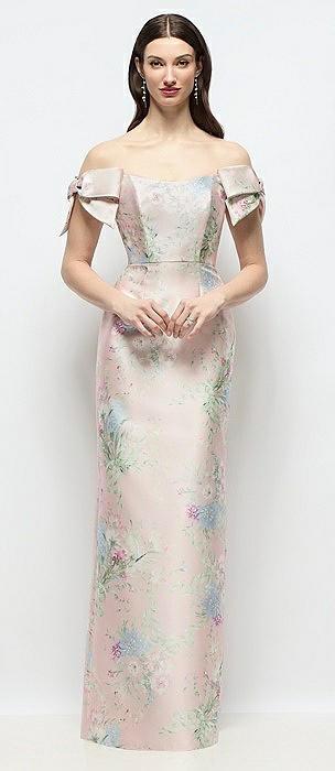 basque-neck esme floral satin column maxi dress with off-the-shoulder bows