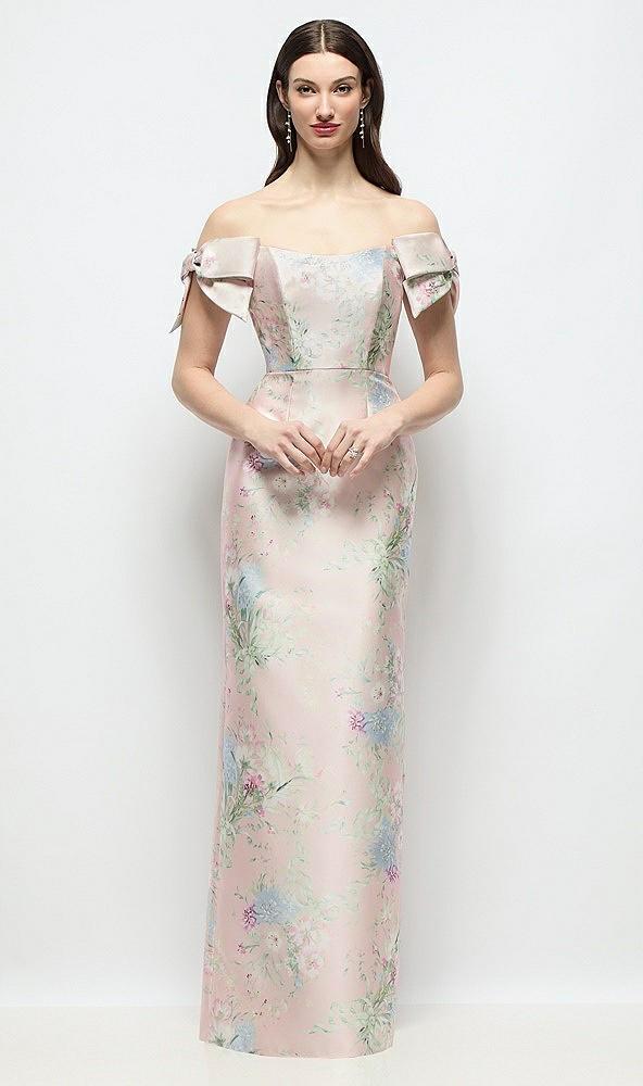 basque-neck esme floral satin column maxi dress with off-the-shoulder bows