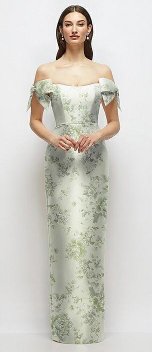 basque-neck floral satin column maxi dress with off-the-shoulder bows