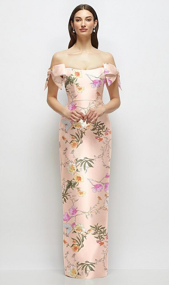 basque-neck floral satin column maxi dress with off-the-shoulder bows