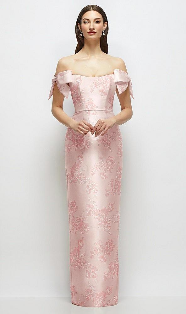 basque-neck floral satin column maxi dress with off-the-shoulder bows
