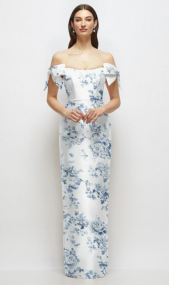 basque-neck floral satin column maxi dress with off-the-shoulder bows