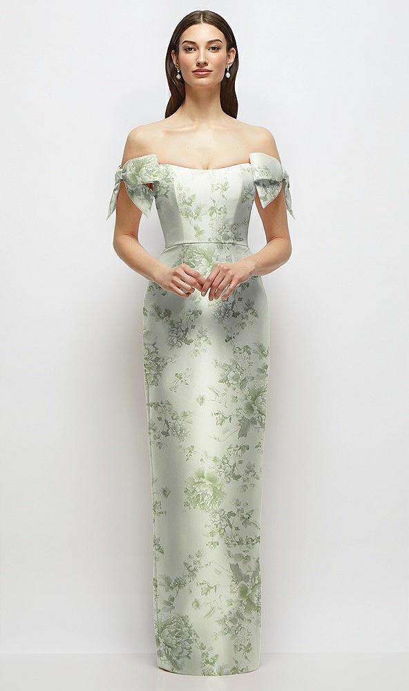 basque-neck floral satin column maxi dress with off-the-shoulder bows