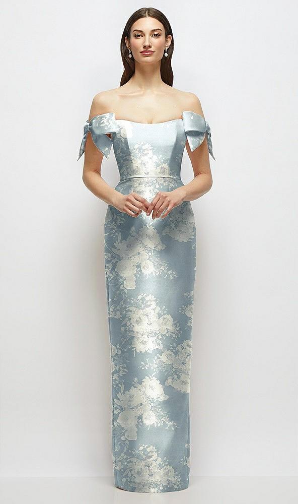basque-neck floral satin column maxi dress with off-the-shoulder bows
