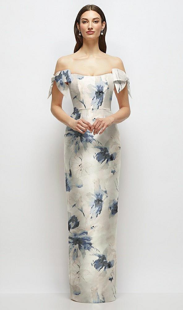 basque-neck floral satin column maxi dress with off-the-shoulder bows