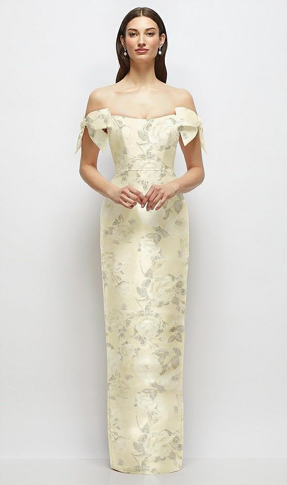 basque-neck floral satin column maxi dress with off-the-shoulder bows