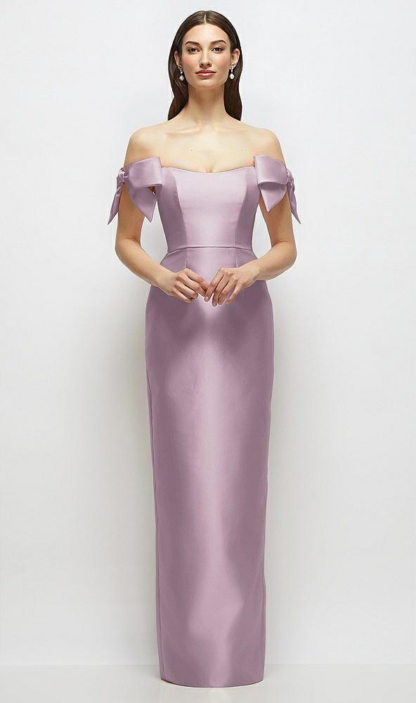basque-neck satin column maxi dress with off-the-shoulder bows