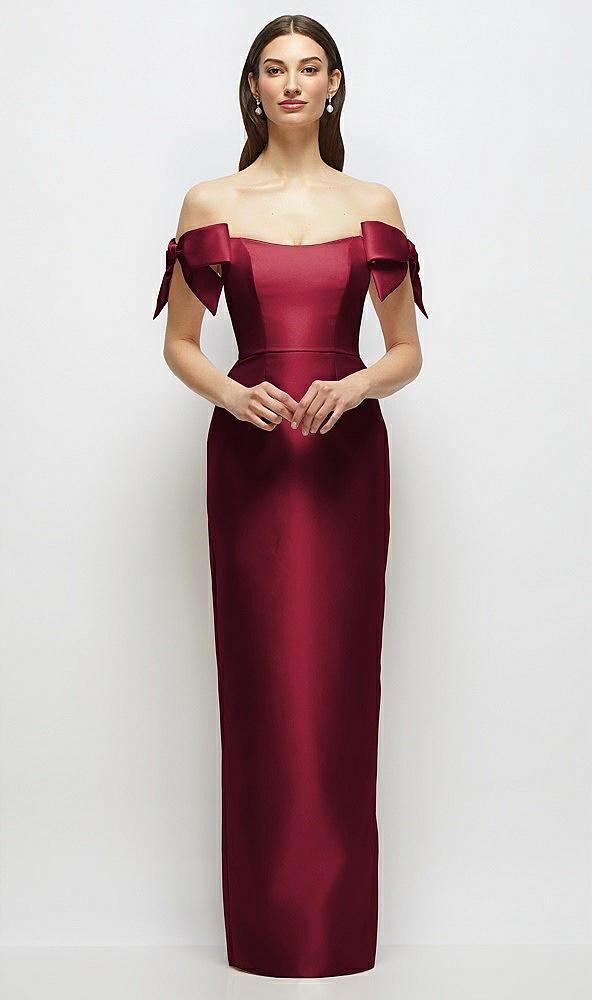 basque-neck satin column maxi dress with off-the-shoulder bows