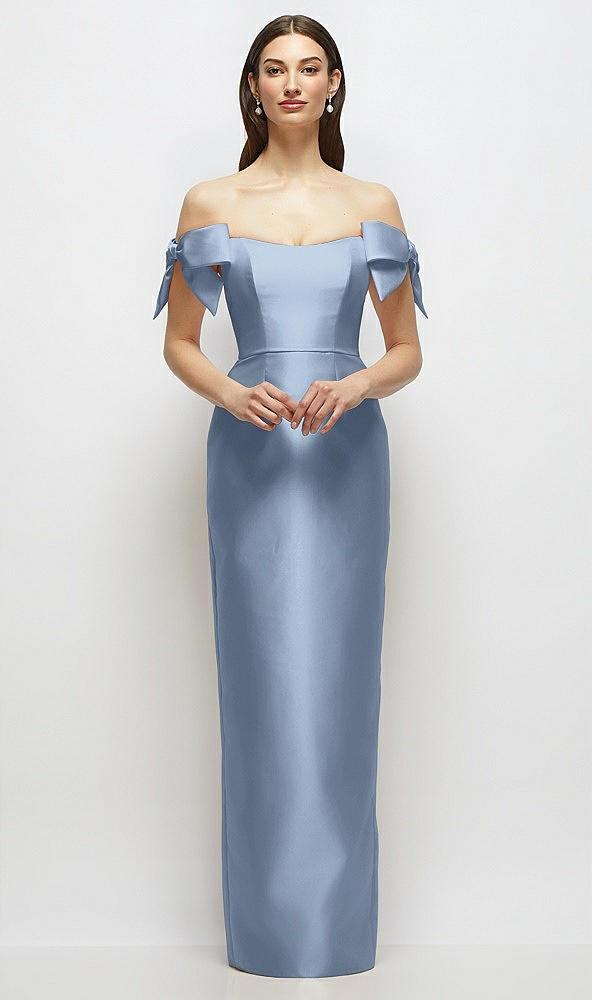 basque-neck satin column maxi dress with off-the-shoulder bows