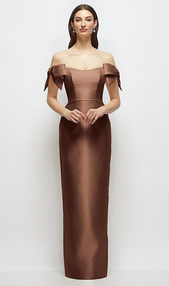 basque-neck satin column maxi dress with off-the-shoulder bows