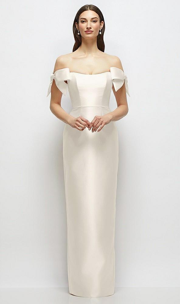 basque-neck satin column maxi dress with off-the-shoulder bows