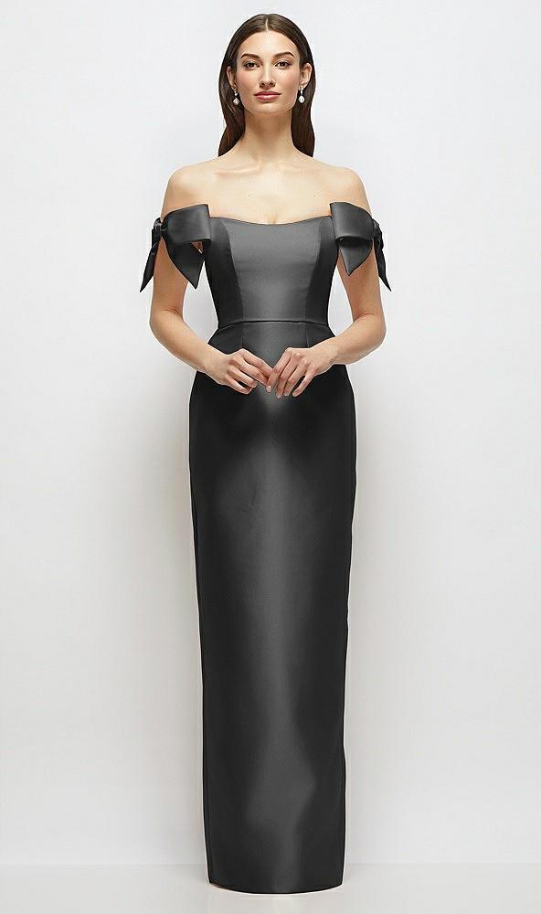 basque-neck satin column maxi dress with off-the-shoulder bows