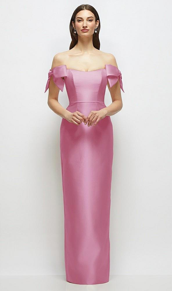 basque-neck satin column maxi dress with off-the-shoulder bows
