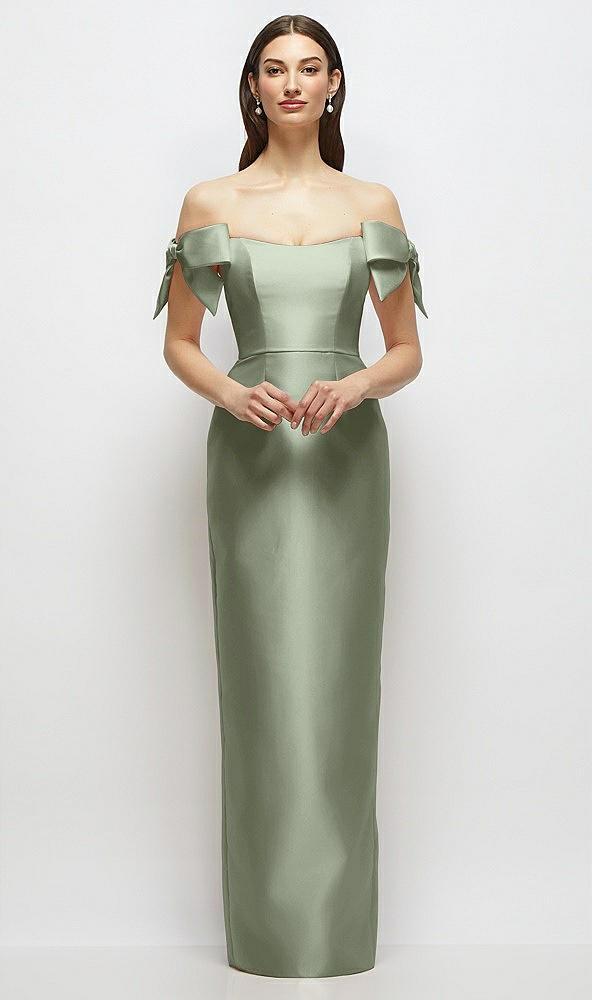 basque-neck satin column maxi dress with off-the-shoulder bows