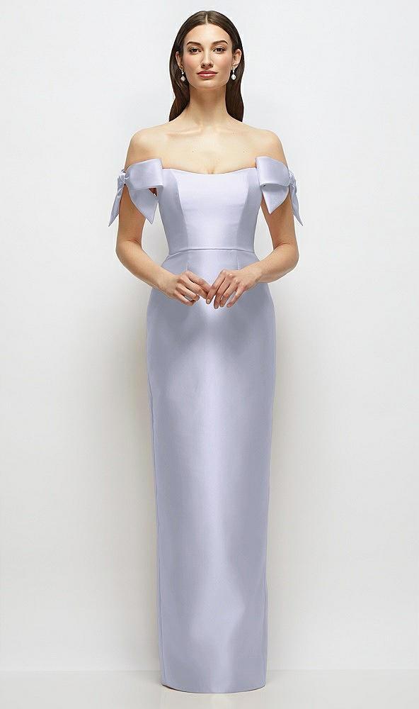 basque-neck satin column maxi dress with off-the-shoulder bows