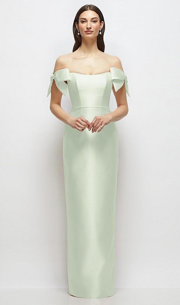 basque-neck satin column maxi dress with off-the-shoulder bows