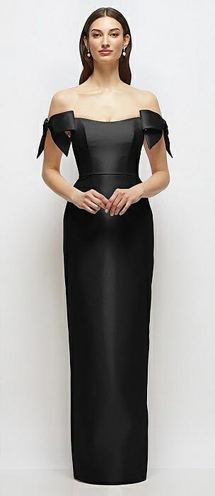 basque-neck satin column maxi dress with off-the-shoulder bows