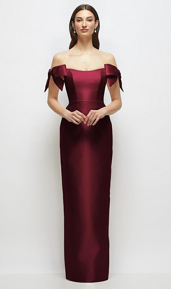 basque-neck satin column maxi dress with off-the-shoulder bows
