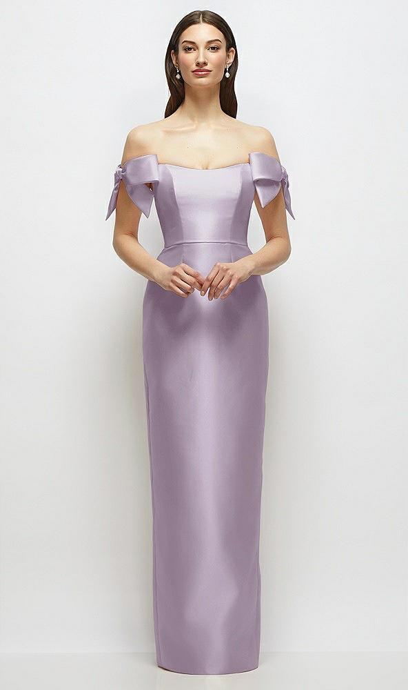 basque-neck satin column maxi dress with off-the-shoulder bows