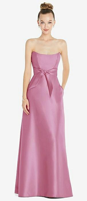 basque-neck strapless satin gown with mini sash