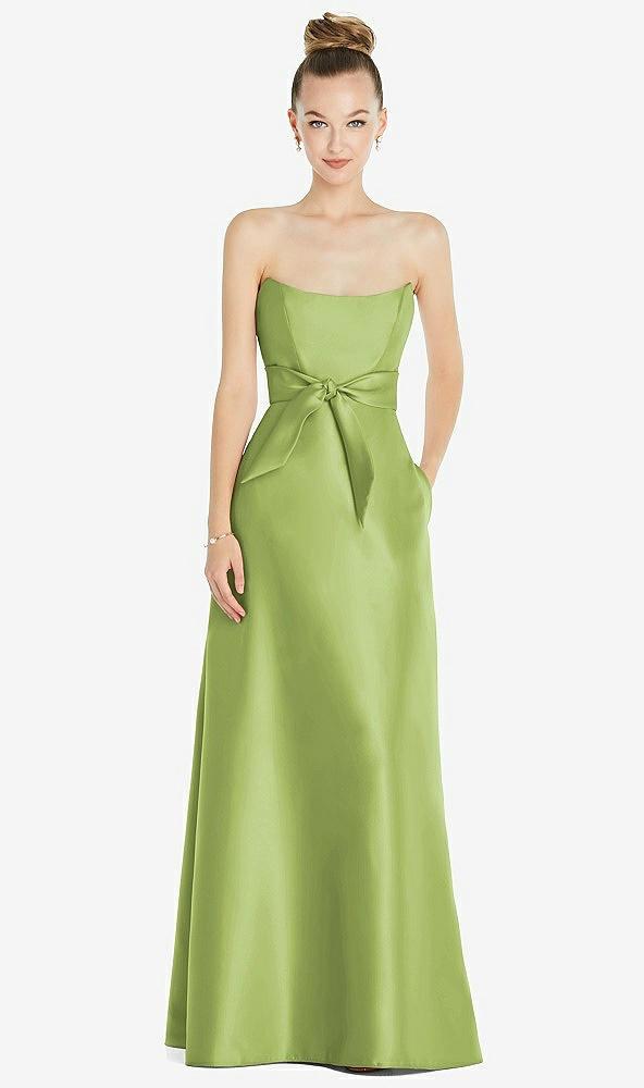 basque-neck strapless satin gown with mini sash