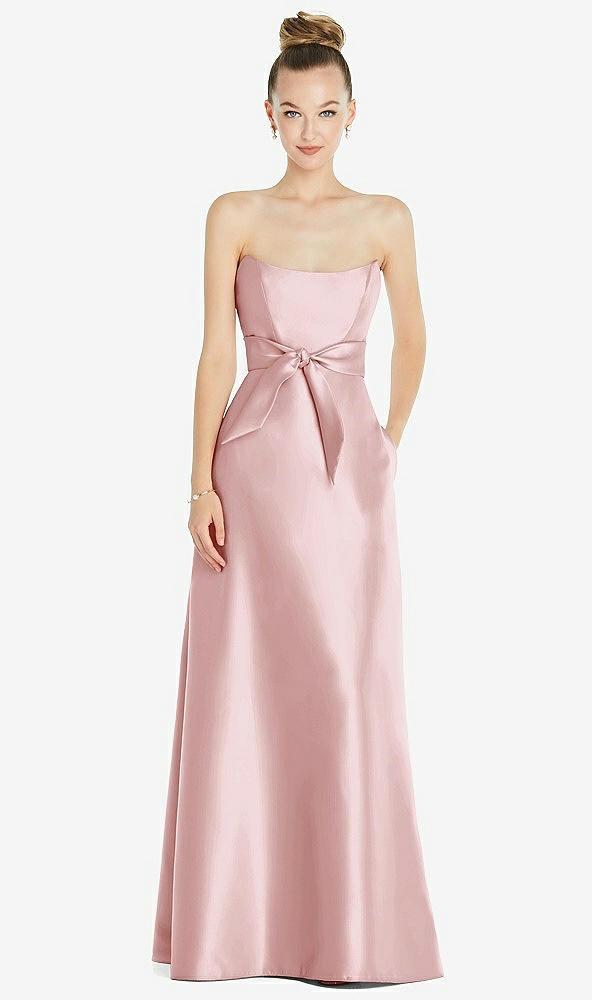basque-neck strapless satin gown with mini sash