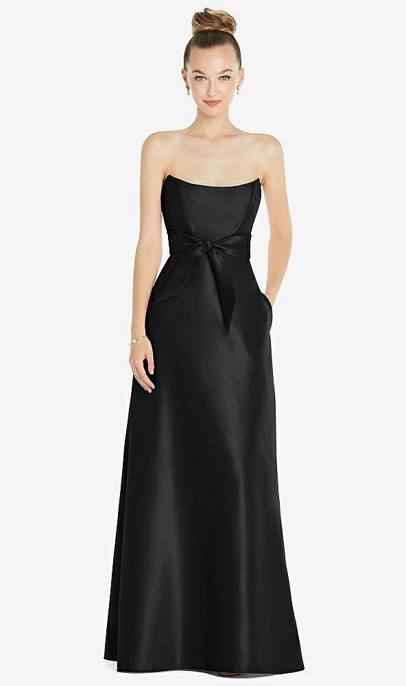 basque-neck strapless satin gown with mini sash