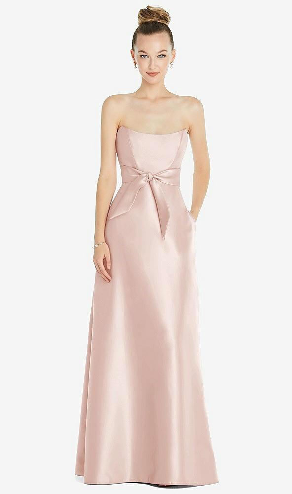 basque-neck strapless satin gown with mini sash