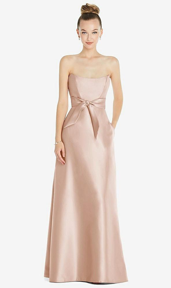 basque-neck strapless satin gown with mini sash