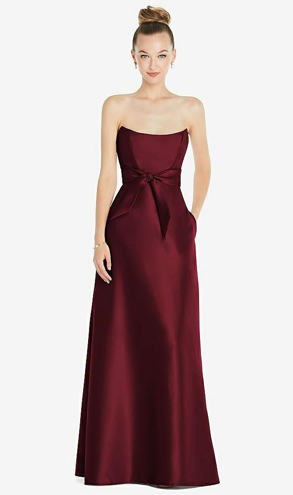 basque-neck strapless satin gown with mini sash