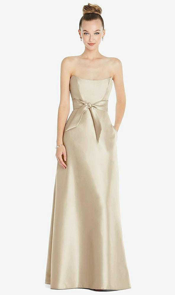 basque-neck strapless satin gown with mini sash