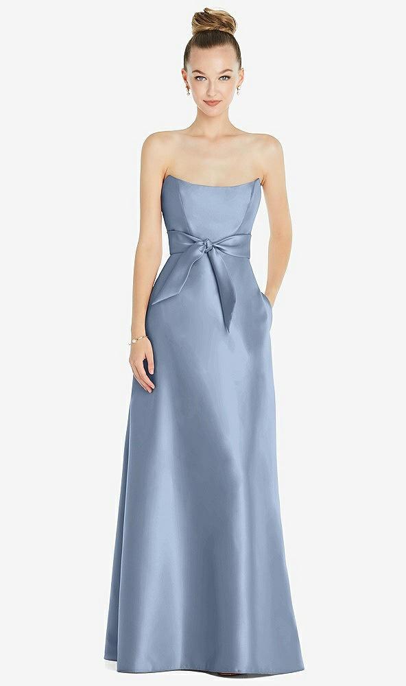 basque-neck strapless satin gown with mini sash