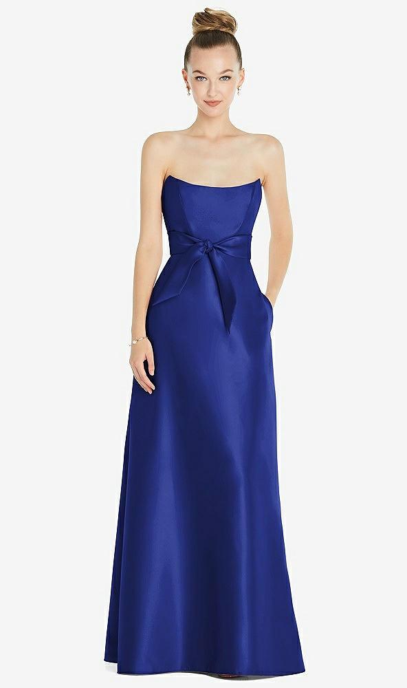 basque-neck strapless satin gown with mini sash