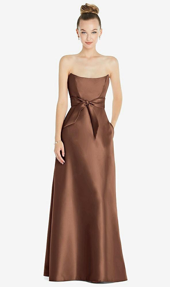 basque-neck strapless satin gown with mini sash