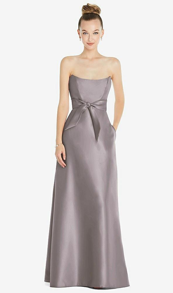 basque-neck strapless satin gown with mini sash