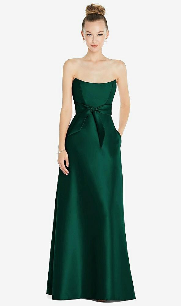 basque-neck strapless satin gown with mini sash