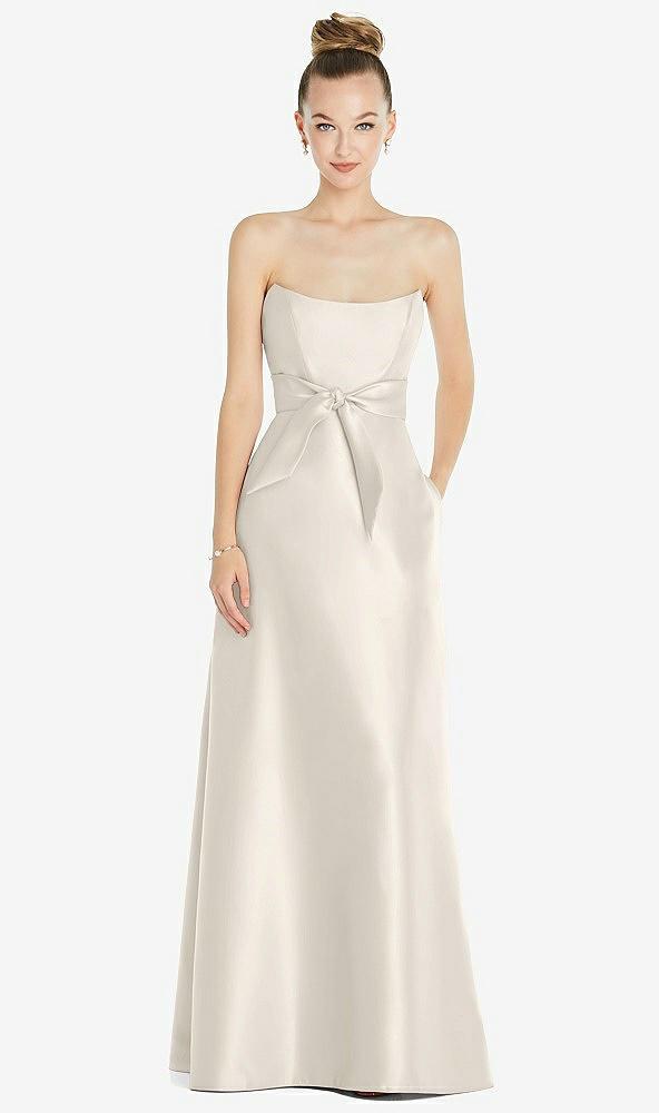 basque-neck strapless satin gown with mini sash