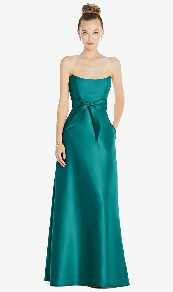 basque-neck strapless satin gown with mini sash
