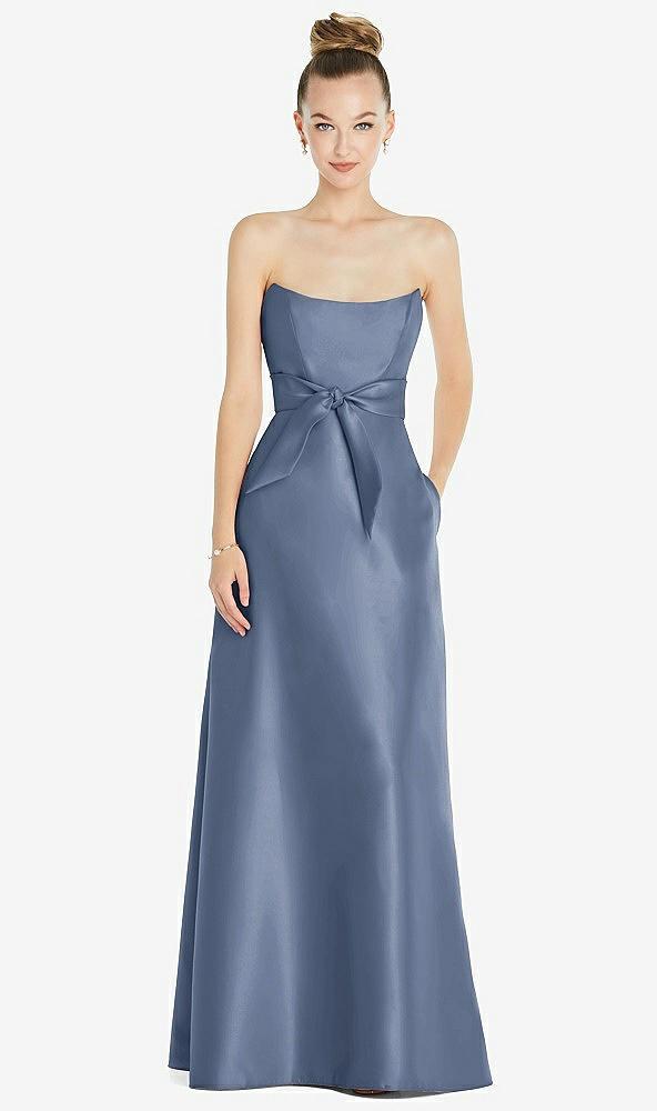basque-neck strapless satin gown with mini sash