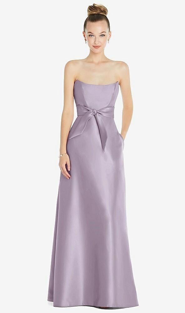 basque-neck strapless satin gown with mini sash