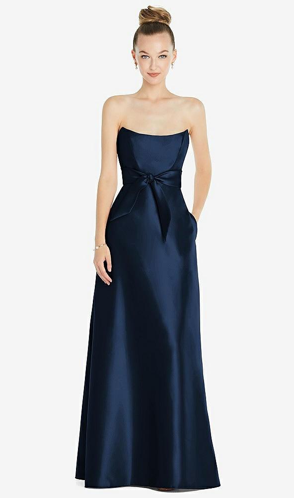 basque-neck strapless satin gown with mini sash