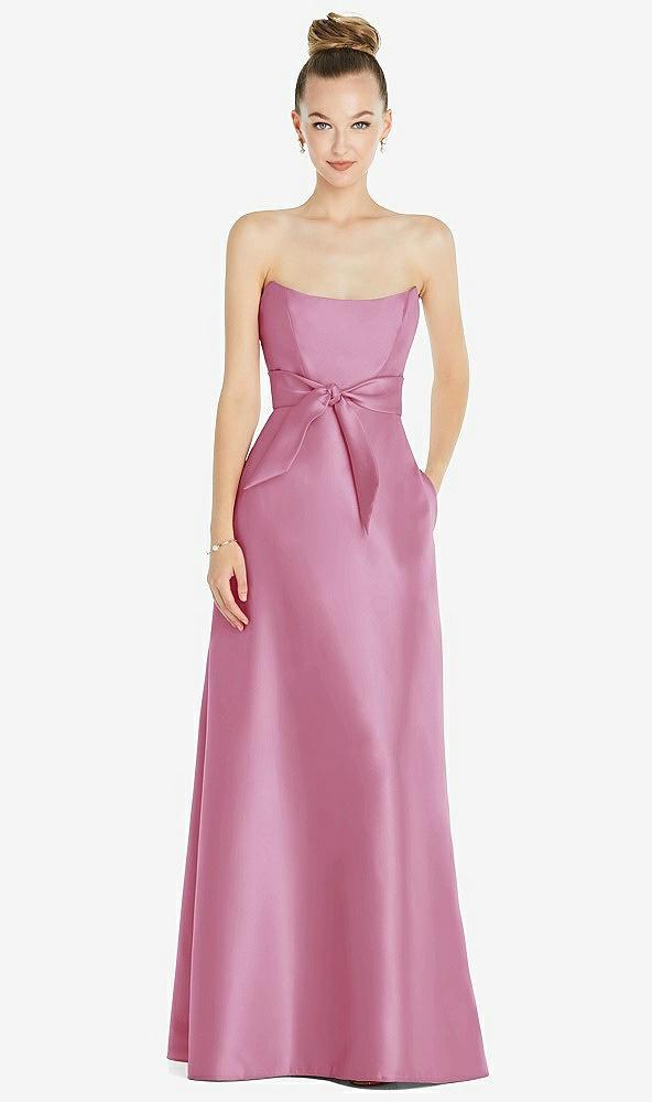 basque-neck strapless satin gown with mini sash