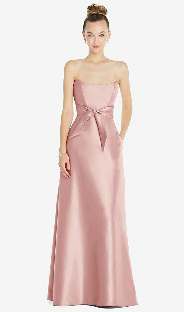 basque-neck strapless satin gown with mini sash
