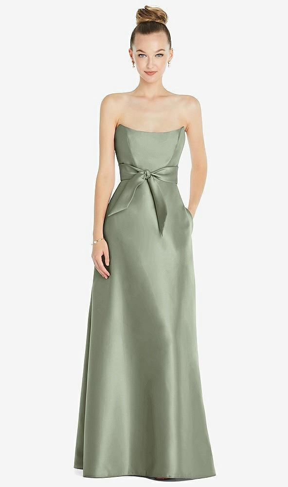 basque-neck strapless satin gown with mini sash