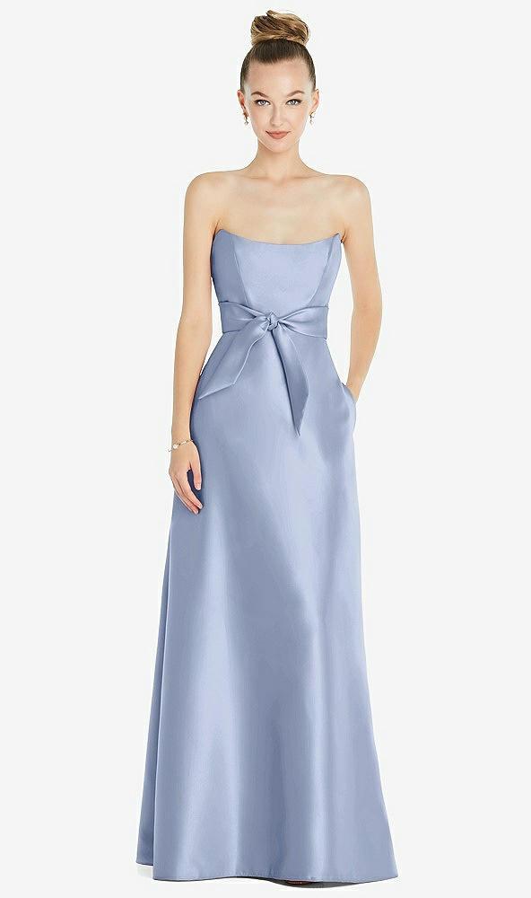 basque-neck strapless satin gown with mini sash